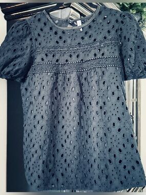 Falechay Black Eyelet Lace Puff Sleeve Boho Blouse Top - L